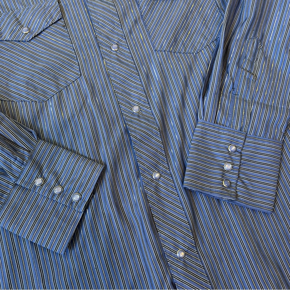 wrangler blue shimmer striped pearl snap shirt - Picture 7 of 12